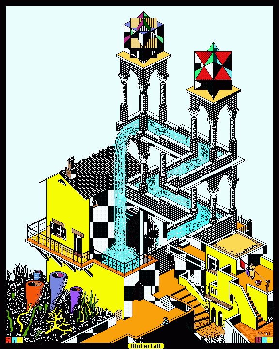 Redrawn and colored version of M. C. Esher's lithograph WATERFALL