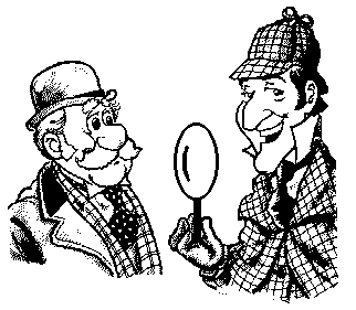 [Figure 3. Sherlock Holmes showing  simple magnifier to Watson. Caption reads, 
